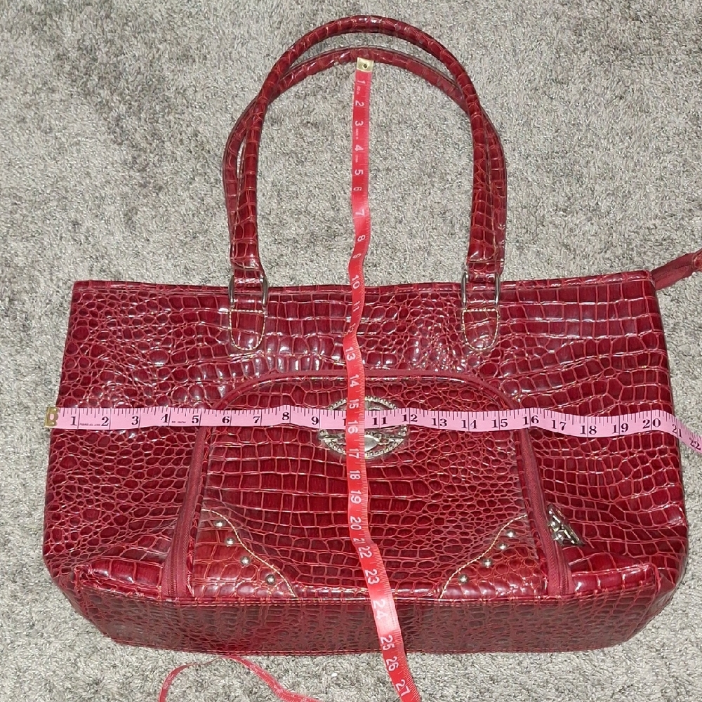 Kathy Van Zeeland Shoulder Bag Briefcase-Glossy Crocodile Texture - Burgundy Red - Picture 7 of 10